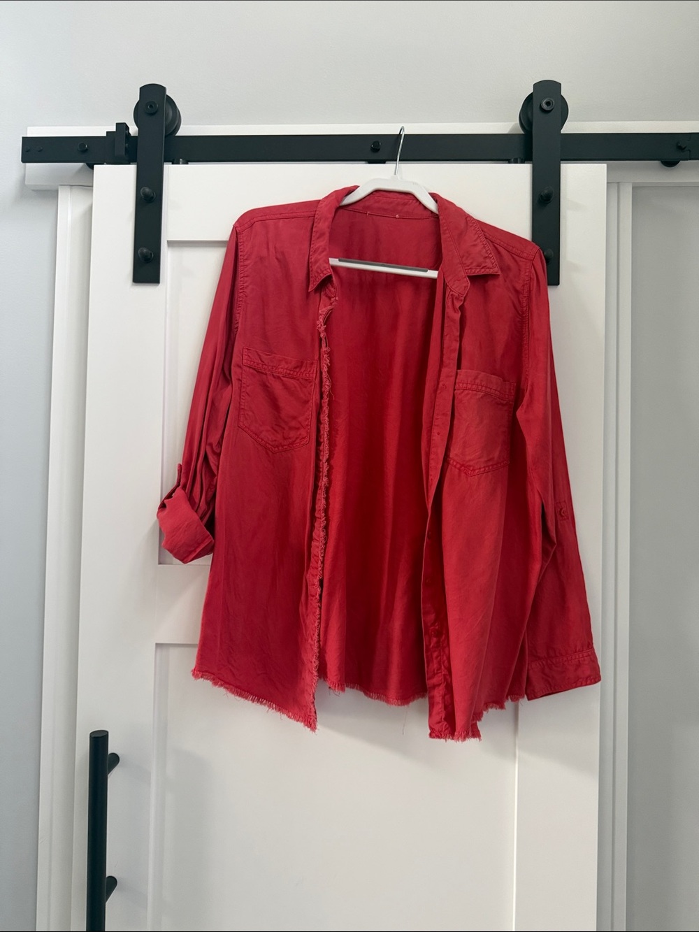 Chico's Red Open-Front Lightweight Jean Shirt Jacket